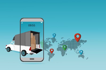 Smartphone and delivery car idea creative with social networks on the world map Concept of positioning associate with map on social mediaの写真素材