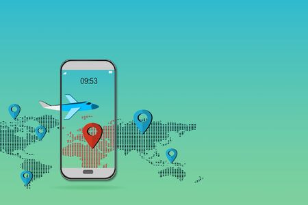 smartphone idea creative with social networks on the world map,concept of positioning associate with map on social mediaの写真素材