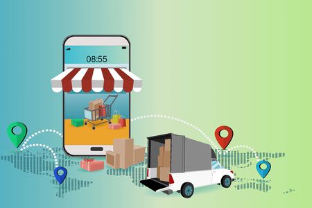Shopping online on the smartphone and car for delivery idea creative with social networks on the world map.  concept of positioning associate delivery with map on social mediaの写真素材