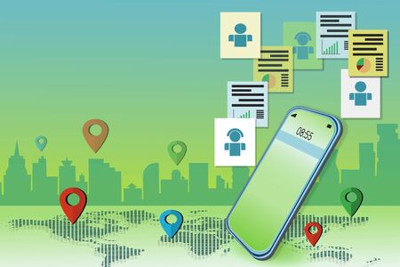 Illustration 3d smartphones and online social media links with urban societies around the world.Online communication,working via mobile in the technological worldの写真素材