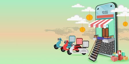 Illustration 3d shopping online on the smartphone for delivery idea creative with social networks on the world map.  concept of  network on delivery service on the world on social mediaの写真素材