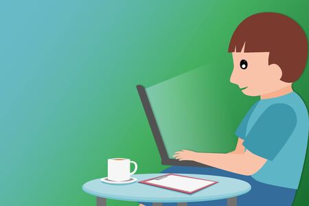 Illustration working at home, Businessman working on a computer screen table with stationery and information documentsの写真素材