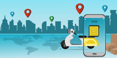 Illustration 3d shopping online on the smartphone for delivery idea creative with social networks on the world map.  concept of  network on delivery service on the world on social mediaの写真素材