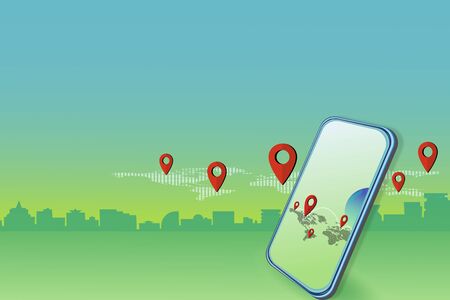 Illustration 3d smartphones and online social media links with urban societies around the world.Online communication,working via mobile in the technological worldの写真素材