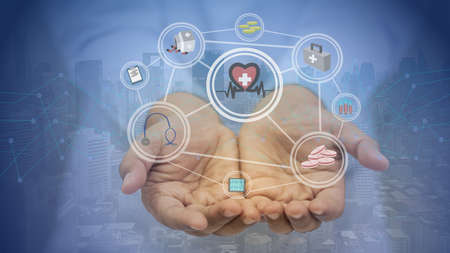 Nurses who receive medical media symbols,healthcare linking conceptsの写真素材