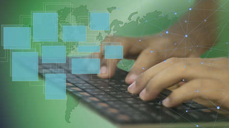 Hand pressing the keyboard with a square graph Waiting to fill on the global linkの写真素材