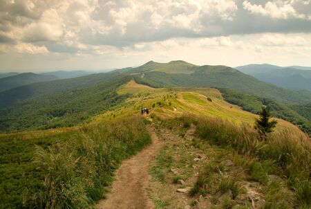 Poland,summer.Tourist path in Bieszczady mountin.Far one can see the group of tourists going along the trail into the bottom.Horizontal view.の写真素材