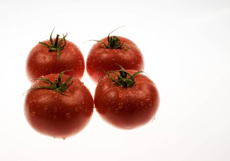 Four red tomatoes sprinkled with water on isolated white background.Tomatoes in two rows of two in a row.It is clear drops of water on each tomato.Closehorizontal view.の写真素材