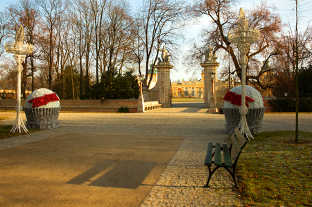 Poland,Warsaw,Wilanow,December 2015.The main avenue with Christmas decoration,for entry into the Royal palace in Wilanow,Poland,warsaw in December 2015.Editorial.のeditorial素材