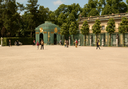 Germany-Potsdam,May 2016.Tourists walking in the rear courtyard of the royal palace near the stairs leading to the gardens. Editorial. Horizontal view.のeditorial素材