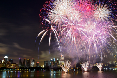 Singapore - July 2016:Fireworks in Singapore in the evening,july 2016,touristic attraction.editorial.Horizontal view.のeditorial素材