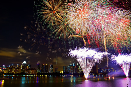 Singapore - July 2016:Fireworks in Singapore in the evening,july 2016.Editorial.Horizontal view.のeditorial素材