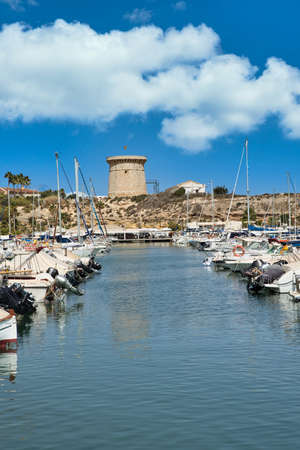 Fishing harbor and marina at El Campello Costa Blanca.Spain, alicante province.Vertical view.の写真素材