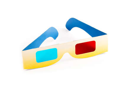 Simple blue red light filters 3d anaglyph paper glasses isolated on white. Stereoscopic 3d image effect. Object cut out. 3D movies and media, entertaimment, old 3d technology symbol conceptの写真素材