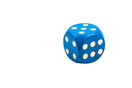 One single simple big blue colored playing dice showing five, solo cube object, isolated on white background, board games, kids education symbol, concept, almost a lucky sixの写真素材