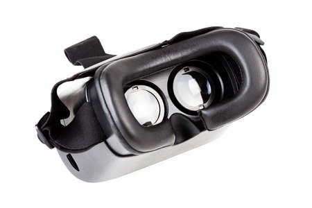 VR, virtual reality headset goggles lenses visible light reflections, object isolated on white, cut...