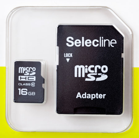 Selecline black 16gb microsd card class 10 and an SD card adapter packed in a plastic box, top view, closeup detail, product shot sdhc memory cardsのeditorial素材
