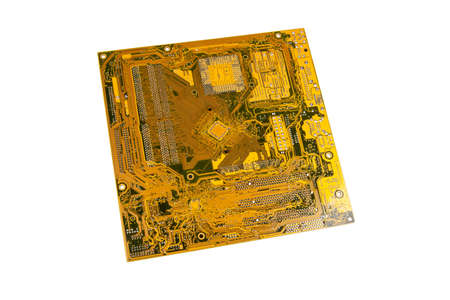 A simple yellow green circuit board isolated on white. Detailed complicated electrical circuits...