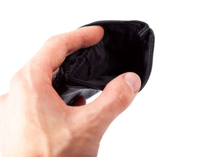 Hand holding, opening a simple black wallet, fingers spreading open and showing an empty wallet...