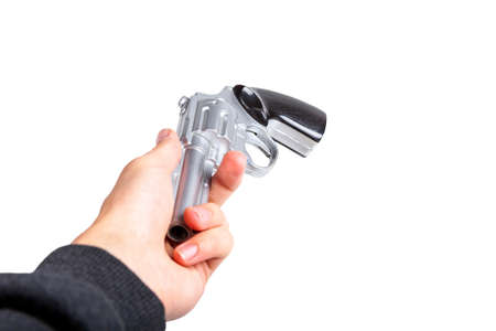 Handing over a silver gun, offering handing out dangerous firearms. Giving a revolver to someone,...