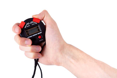 Professional black red sports digital stopwatch in hand, finger pressing the start button, man...