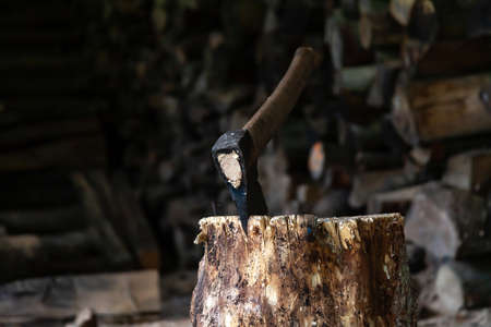 Old axe resting in a wooden firewood log closeup. Steel axe stuck in the chopping log. Cutting...