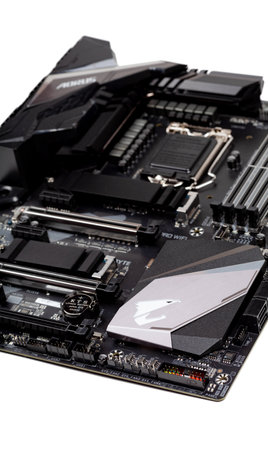 Z390 Aorus Pro Wifi modern high end motherboard with 1151 socket full shot isolated on white, bios...