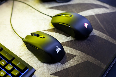 Corsair gaming mouse closeup, shop display, professional gamer equipment, modern game gear, gadgets....