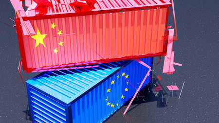 Red chinese flag cargo shipping container falling down, crushing from above on a blue european union...