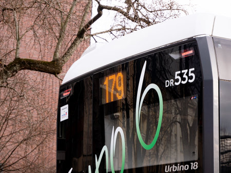 Urban public transport Solaris brand bus Urbino 18 dr535 model 179 line number display closeup, detail. Krakow, Poland. Public city transportation conceptのeditorial素材