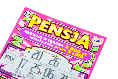 PENSJA polish Lotto lottery scratch card, scratch-off, scratched lottery ticket object macro, extreme closeup, detail. Lottery paper card coupon conceptのeditorial素材