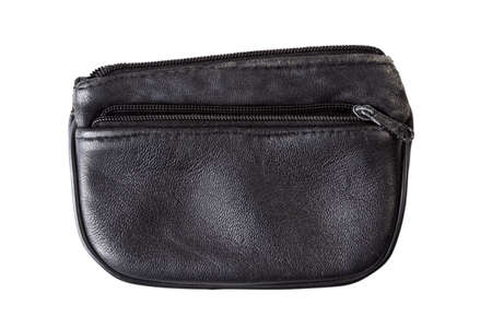 Simple plain old black empty leather wallet opened, unzipped, stolen, robbed, object isolated on white background cut out top view Personal finance, broke and cashless poverty abstract concept, nobodyの写真素材