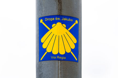The Way of St. James, Camino de Santiago, Saint James shell symbol object closeup, via regia. Pilgrims ways, pilgrimages track. Christianity, catholic churchのeditorial素材