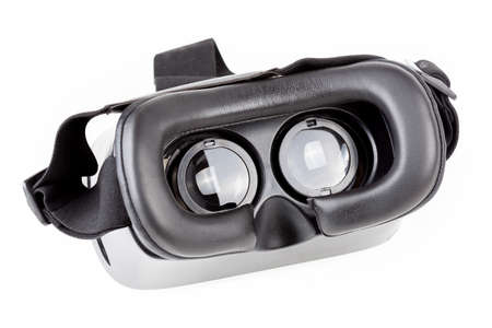 VR virtual reality glasses for a smartphone, simple object closeup isolated on white, device cut out. Light in lenses, AR, mobile phone augmented reality tools and equipment abstract concept, nobodyの写真素材