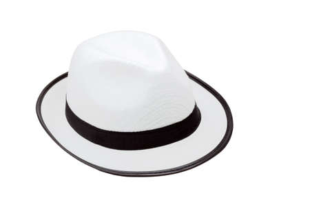 Simple classic black and white fedora hat, object isolated on white, cut out. Fancy clothing, stylish fashion accessory design element. Premium quality party wear props and accessories, summer clothesの写真素材