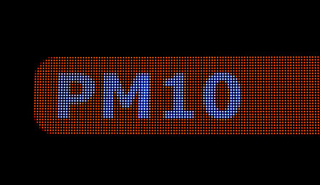 Particulates, urban city particulate matter air pollution PM 10 larger particles, electronic LED display closeup. PM10 text sign. Bad unhealthy dangerous air quality factors, emission concept, nobodyの写真素材