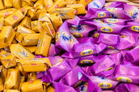 Lots of traditional Polish sweets, flavored fudge, colorful krowki heap at the store, semi-soft milk...
