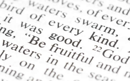 Word good highlighted in the bible text line object detail, macro, extreme closeup, selective focus. Kindness, goodness, doing right good deeds simple concept, ethics religion, philosophy, no peopleの写真素材