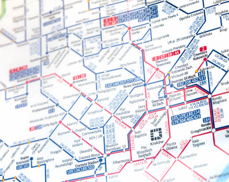 Krakow, Poland, city communication grid map, tram lines, public transport lines mapped out, object...