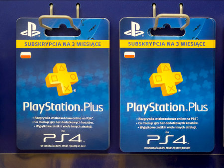 Sony PlayStation Plus monthly subscription service PS4 voucher cards in the store, group of objects...