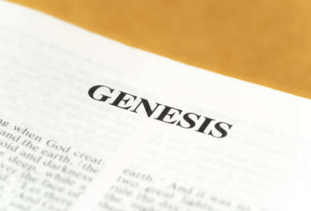 Genesis title page symbol, the first book of the Old Testament, Holy Bible beginning, world universe origin biblical story, creationism concept, single text line word line closeup macro detail, nobodyの写真素材