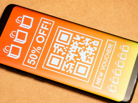 Generic 50 percent off coupon voucher promo QR code template mockup, smartphone display screen...