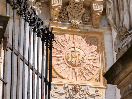 IHS SJ Society Of Jesus Jesuit religious order seal, Christogram symbol. Church of Saint Peter and Paul building architectural detail closeup, nobody, no peopleのeditorial素材