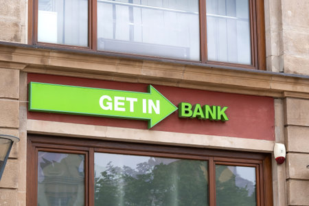 Wroclaw, Poland, Get In Bank, Noble Bank SA brand signage detail up close, logo closeup, building entrance, nobody, no peopleのeditorial素材