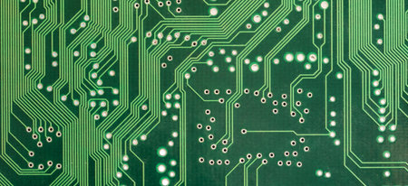 Simple green PCB, circuit board lines, paths abstract background texture, backdrop, nobody, wide shot, object detail, extreme closeup. Electrical connections, circuits, technology, engineering conceptの写真素材