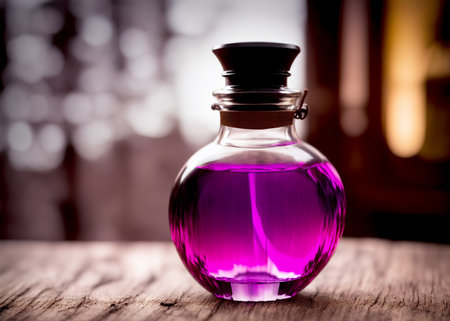 One single round transparent glass bottle of a purple potion mix, fantasy elixir, love potion or perfume on a wooden table, blurred background, copy space. Magical potions, fantasy, generative AIの素材