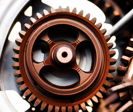 One single old rusty steampunk gear, machine part detail, closeup, mechanism element macro, extreme closeup, nobody. Large old rusty gears up close, fantasy mechanical contraption, generative AIの素材