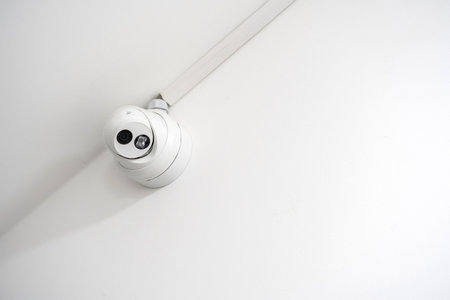 One single simple security camera on a white wall, modern real estate flat security system, safety...