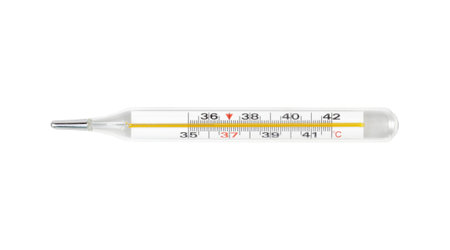 Classic traditional old glass mercury thermometer with a Celsius scale on it, single object isolated...