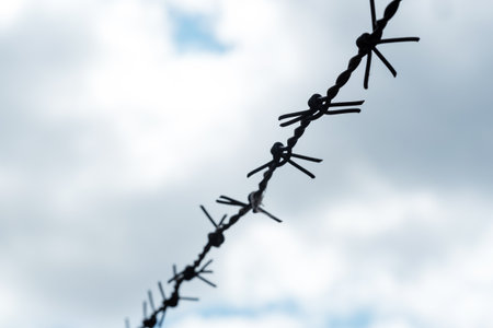 Silhouette of barbed wire fence across the frame, set against a backdrop of a cloudy sky, high contrast. Imprisonment, prison, jail, labor camp area abstract concept symbol, nobody. Lack of freedomの写真素材